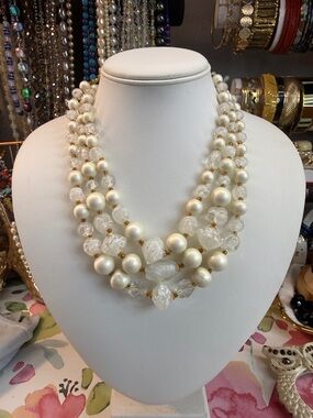 Elegant Japan White &Gold Crystal Glass & Lucite  Multi-Strand Necklace